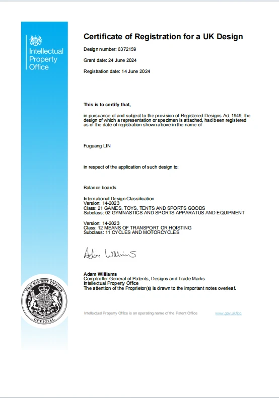 Certificate of Registration for a UK Design